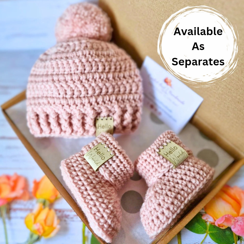 Handmade Hello World Crochet Baby Hat and Booties Set - Handmade Pom-Pom Newborn Gift (0-6 Months) – crafted in soft acrylic yarn and available in multiple colours by Twisted by the Sea.