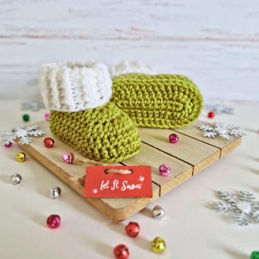 Handmade Mistletoe & White Crochet Baby Booties – Christmas Gift – Baby Booties crafted in soft acrylic yarn and available in multiple colours by Twisted by the Sea.