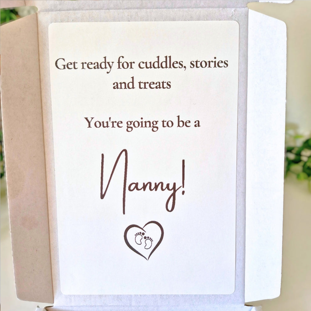 Card with text 'Get ready for cuddles, stories and treats. You're going to be a Nanny!' on a white background.