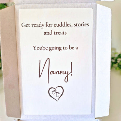 Card with text 'Get ready for cuddles, stories and treats. You're going to be a Nanny!' on a white background.