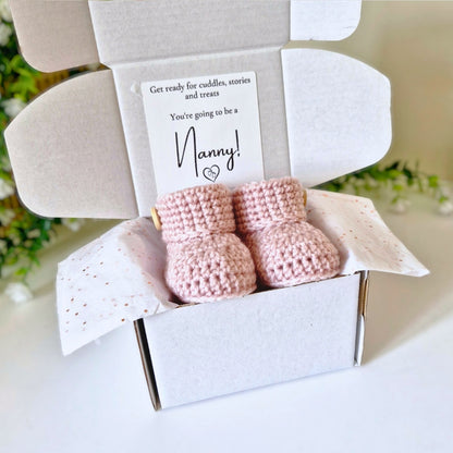 Nanny Pregnancy Announcement Gift – Crochet Baby Booties