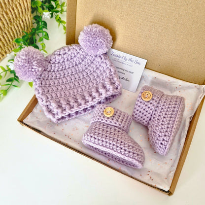 Newborn Crochet Hat and Booties Set in Heather