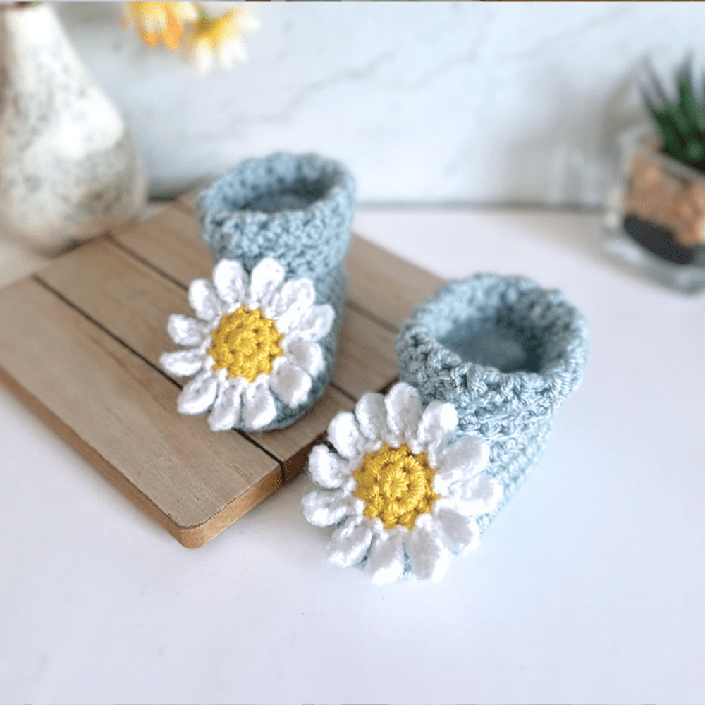 Crochet Baby Hat and Booties Set Daisy Design Newborn to 6 Months - Twisted by the Sea