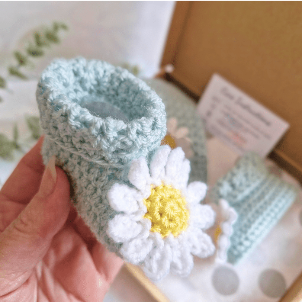 Crochet Baby Hat and Booties Set Daisy Design Newborn to 6 Months - Twisted by the Sea