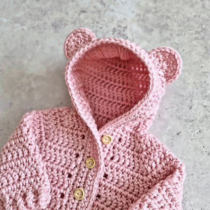 Pink Crochet Teddy Bear Hooded Cardigan – Newborn
