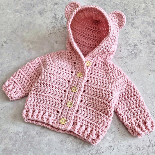 Pink Crochet Teddy Bear Hooded Cardigan – Newborn