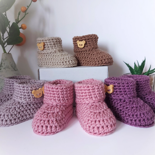 Handmade Crochet Baby Booties With Teddy Button, Sizes Newborn, 0-3 and 3-6 Months – Baby Booties crafted in soft acrylic yarn and available in multiple colours by Twisted by the Sea.