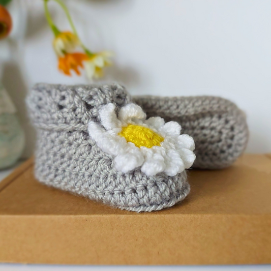 Handmade Handmade Daisy Crochet Baby Booties – Baby Booties crafted in soft acrylic yarn and available in multiple colours by Twisted by the Sea.
