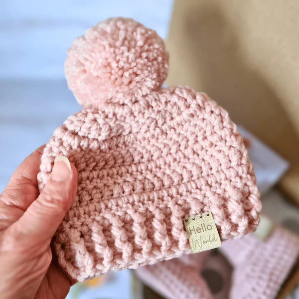 Hello World Chunky Crochet Pom-Pom Baby Hat – Handmade Winter Beanie - Twisted by the Sea
