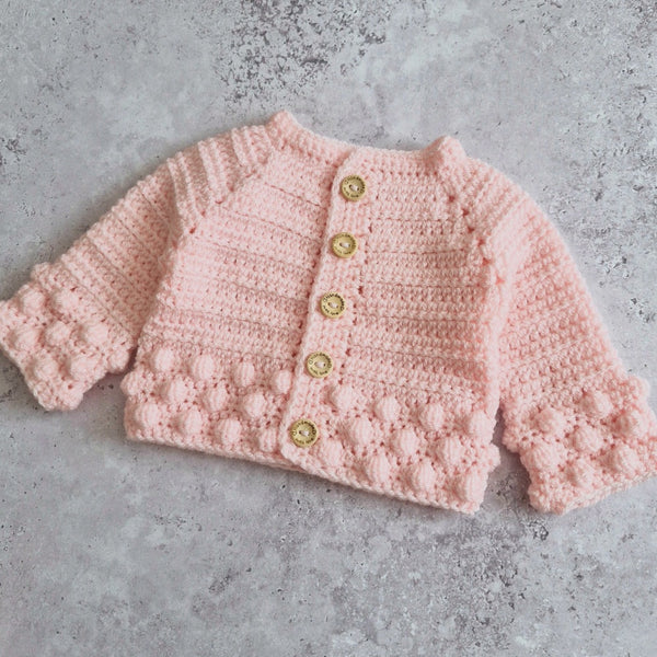 Crochet Soft Peach Baby Cardigan – 0-3 Months