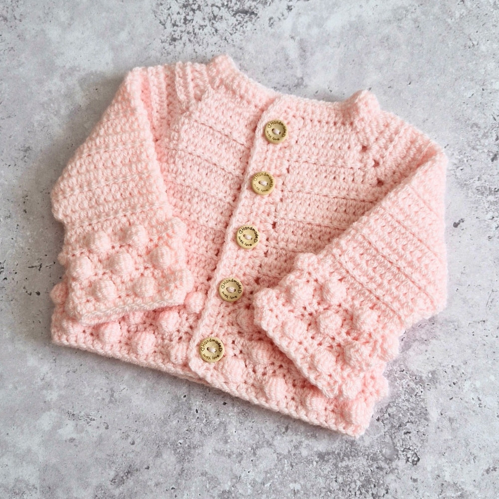 Crochet Soft Peach Baby Cardigan – 0-3 Months
