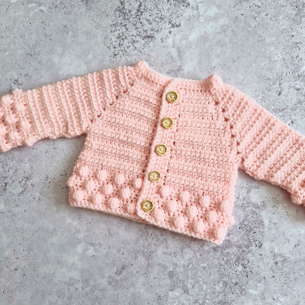 Crochet Soft Peach Baby Cardigan – 0-3 Months