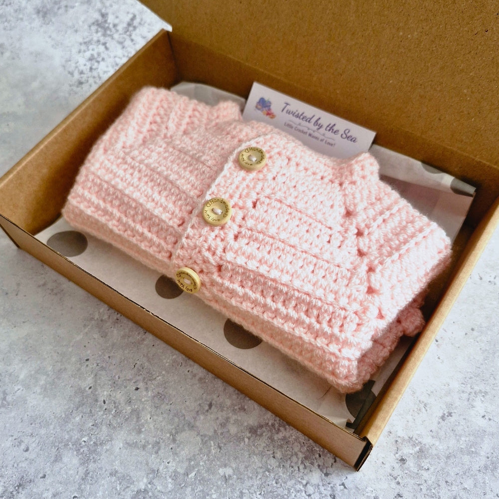 Crochet Soft Peach Baby Cardigan – 0-3 Months