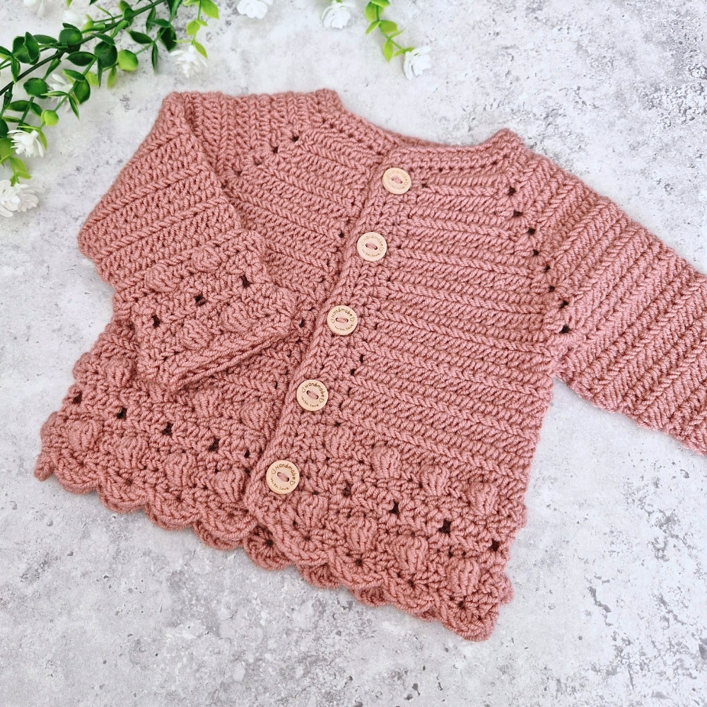 Crochet Baby Cardigan - Dusky Pink 0–3 Months