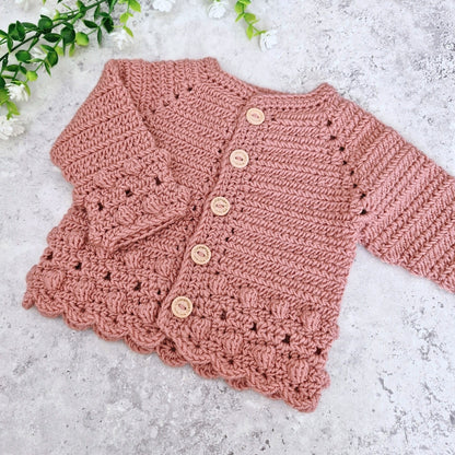 Crochet Baby Cardigan - Dusky Pink 0–3 Months