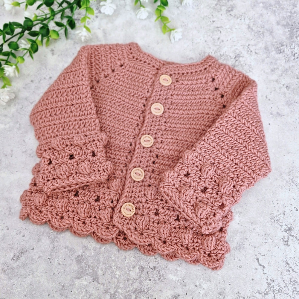 Crochet Baby Cardigan - Dusky Pink 0–3 Months