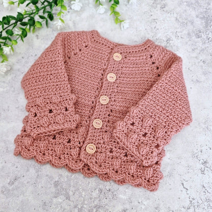 Crochet Baby Cardigan - Dusky Pink 0–3 Months