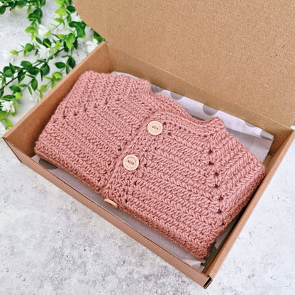 Crochet Baby Cardigan - Dusky Pink 0–3 Months