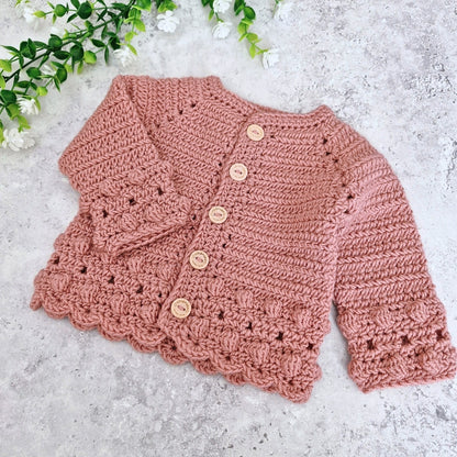 Crochet Baby Cardigan - Dusky Pink 0–3 Months