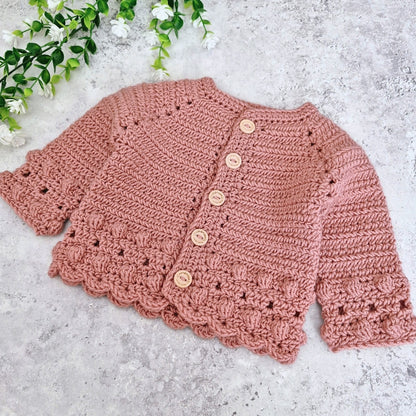 Crochet Baby Cardigan - Dusky Pink 0–3 Months