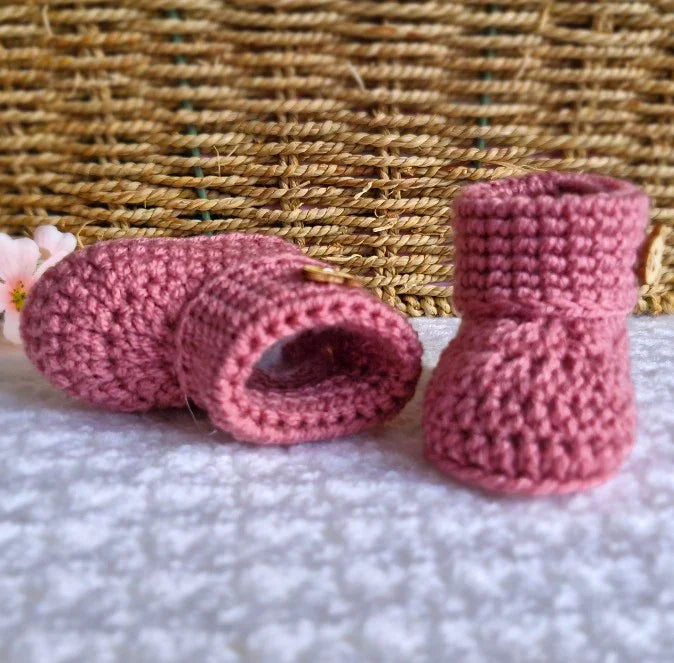 Handmade Crochet Baby Booties with Teddy Button - Sizes Newborn, 0-3 and 3-6 Months - Twisted by the Sea