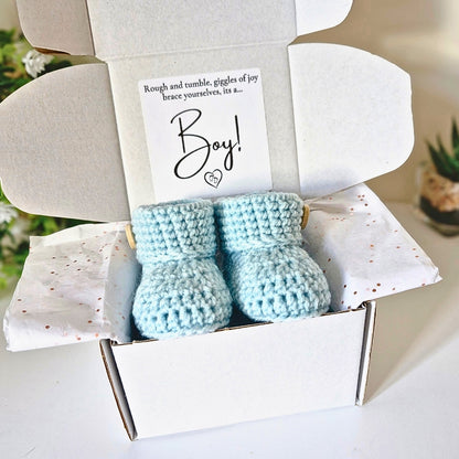 It's a Boy Gender Reveal Gift – Pregnancy Announcement with Crochet Baby Booties