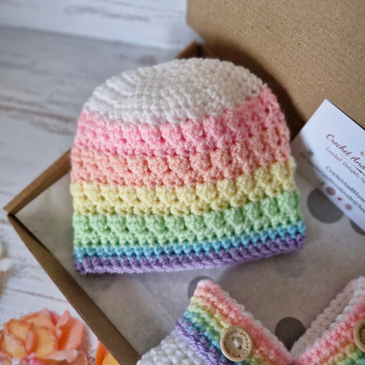 Handmade Pastel Rainbow Crochet Baby Beanie Hat - Newborn to 2 Years – Beanie Hat crafted in soft acrylic yarn and available in multiple colours by Twisted by the Sea.