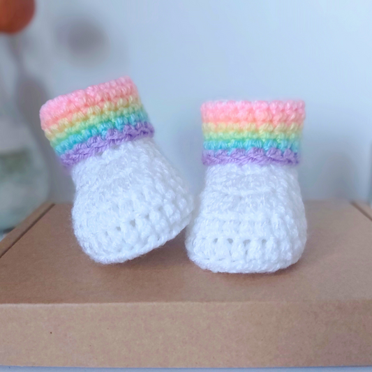 Handmade Rainbow Crochet Baby Booties, Sizes Newborn to 6 Months – Baby Booties crafted in soft acrylic yarn and available in multiple colours by Twisted by the Sea.