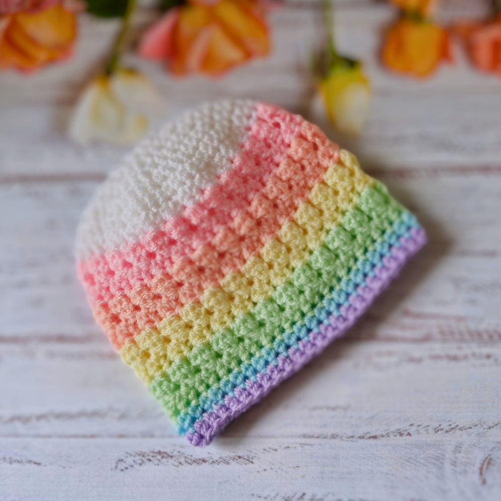 Handmade Pastel Rainbow Crochet Baby Beanie Hat - Newborn to 2 Years – Beanie Hat crafted in soft acrylic yarn and available in multiple colours by Twisted by the Sea.