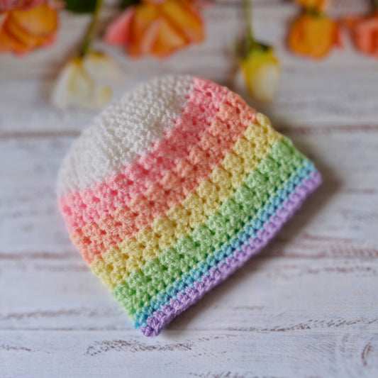 Handmade Pastel Rainbow Crochet Baby Beanie Hat - Newborn to 2 Years – Beanie Hat crafted in soft acrylic yarn and available in multiple colours by Twisted by the Sea.