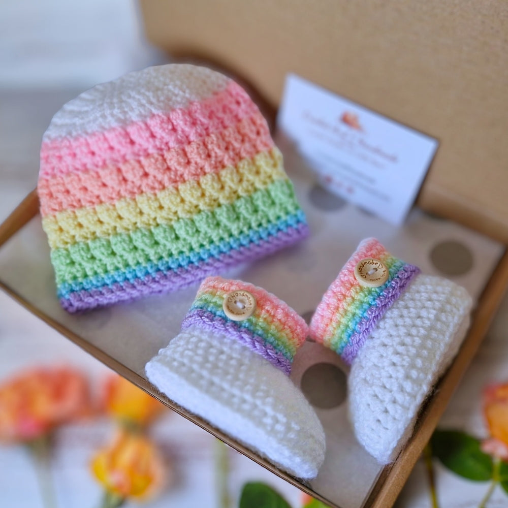 Handmade Pastel Rainbow Crochet Baby Beanie Hat - Newborn to 2 Years – Beanie Hat crafted in soft acrylic yarn and available in multiple colours by Twisted by the Sea.