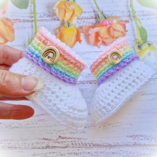 Handmade Rainbow Baby Crochet Booties, Gender Neutral Keepsake Gift – Baby Booties crafted in soft acrylic yarn and available in multiple colours by Twisted by the Sea.