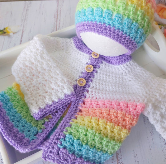 Handmade Rainbow Baby Gift Set, Crochet Hat and Cardigan – Hat and Cardigan Set crafted in soft acrylic yarn and available in multiple colours by Twisted by the Sea.