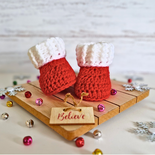 Handmade Handmade Red & White Christmas Crochet Baby Booties – Newborn to 6 Months – Baby Booties crafted in soft acrylic yarn and available in multiple colours by Twisted by the Sea.
