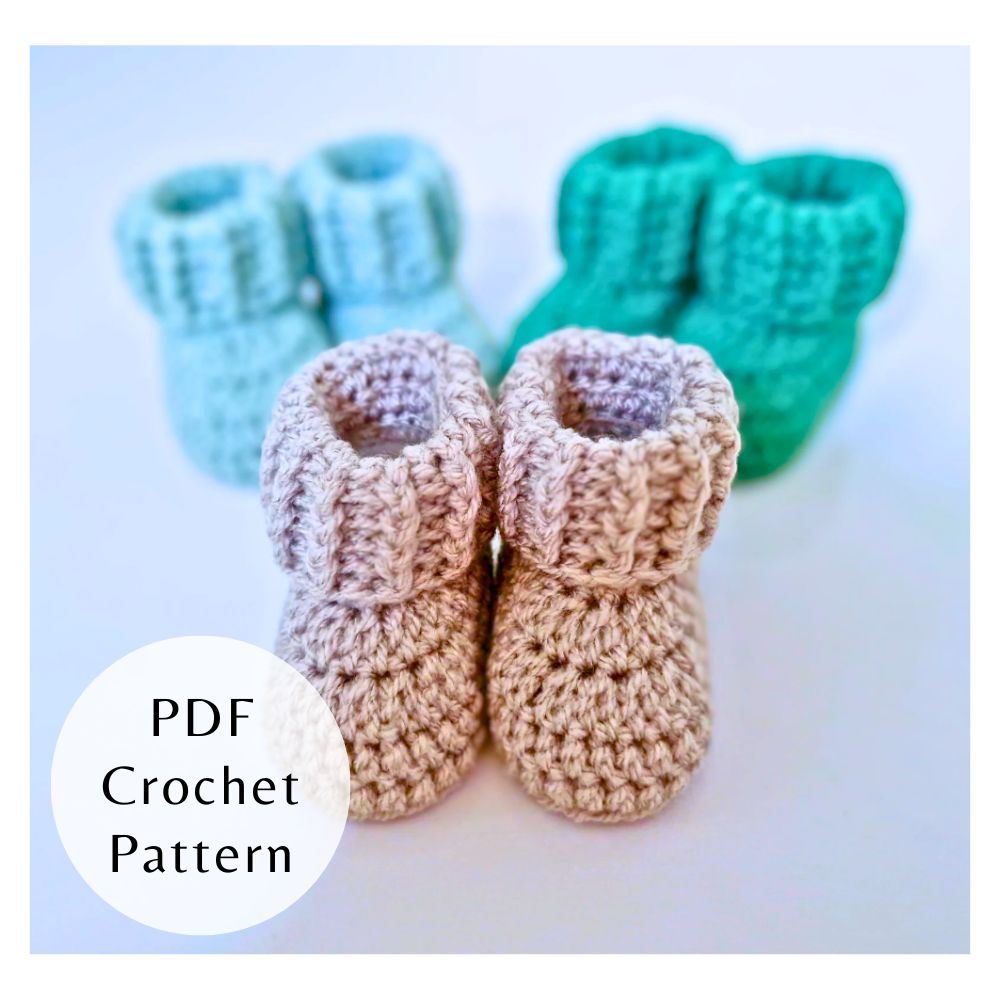 Handmade PDF Crochet Pattern Baby Booties With Ridged Cuff (Instant Download) – PDF pattern crafted in soft acrylic yarn and available in multiple colours by Twisted by the Sea.