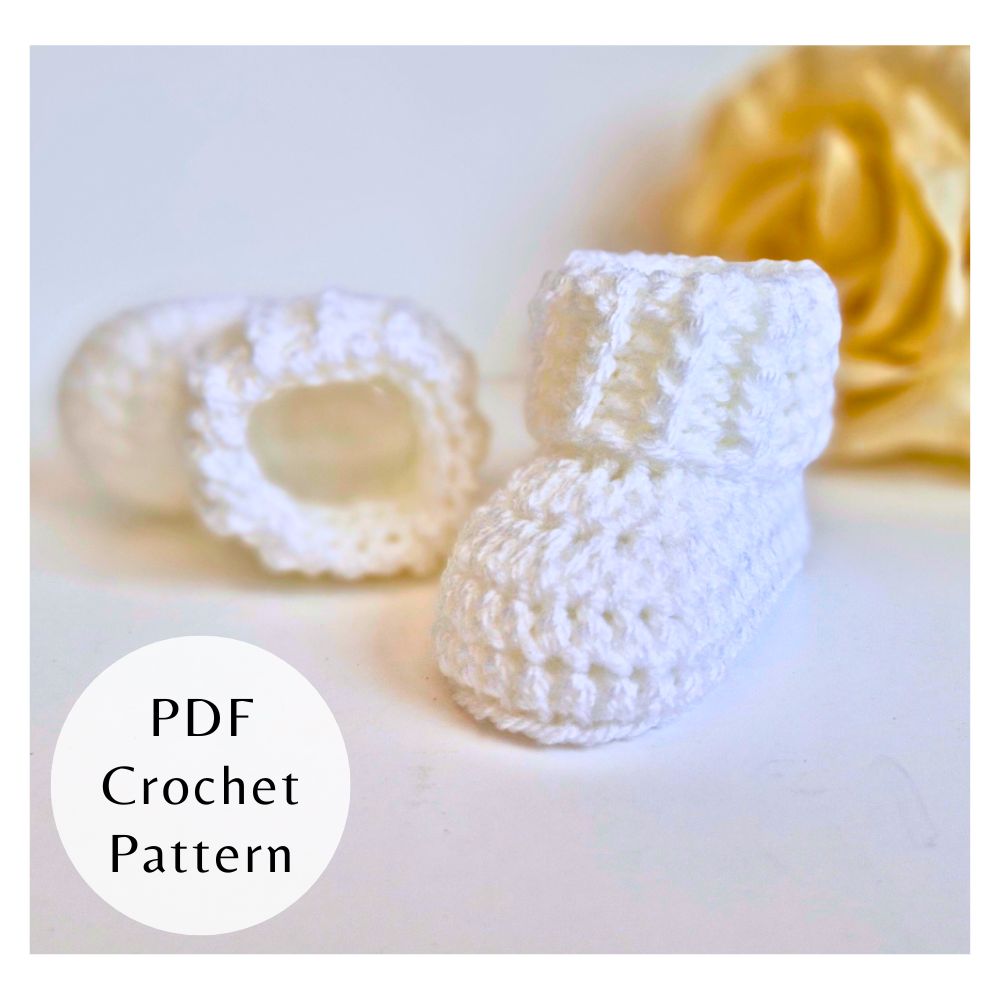 Handmade PDF Crochet Pattern Baby Booties With Ridged Cuff (Instant Download) – PDF pattern crafted in soft acrylic yarn and available in multiple colours by Twisted by the Sea.