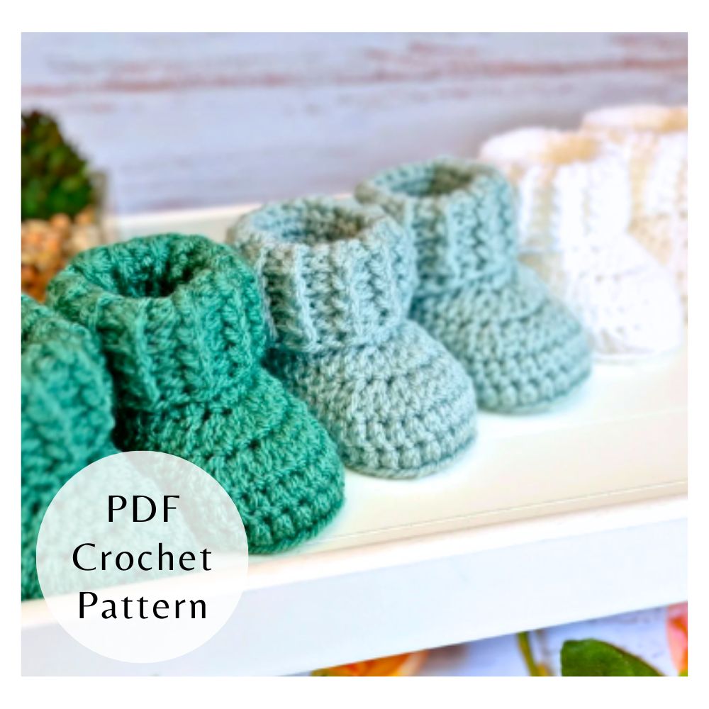 Handmade PDF Crochet Pattern Baby Booties With Ridged Cuff (Instant Download) – PDF pattern crafted in soft acrylic yarn and available in multiple colours by Twisted by the Sea.