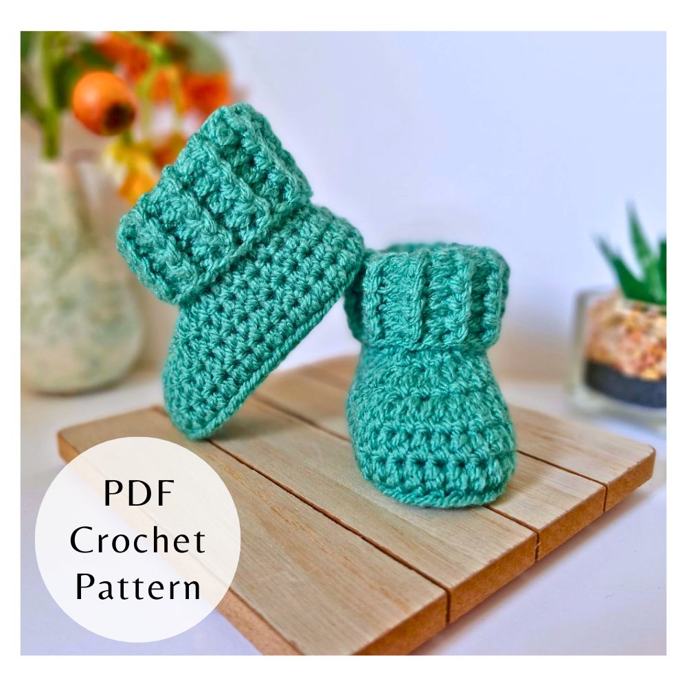 Handmade PDF Crochet Pattern Baby Booties With Ridged Cuff (Instant Download) – PDF pattern crafted in soft acrylic yarn and available in multiple colours by Twisted by the Sea.