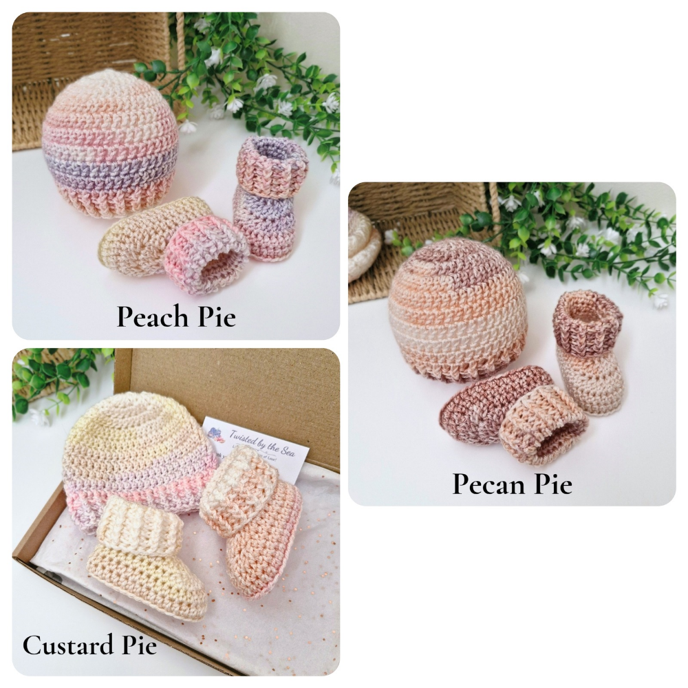 Three crocheted baby booties and hats shown in three colorways labeled Peach Pie, Pecan Pie, and Custard Pie. The top-left panel shows peach, pink, and lavender tones; the bottom-left shows cream and pale pink tones; the right panel shows tan, blush, and mauve tones.
