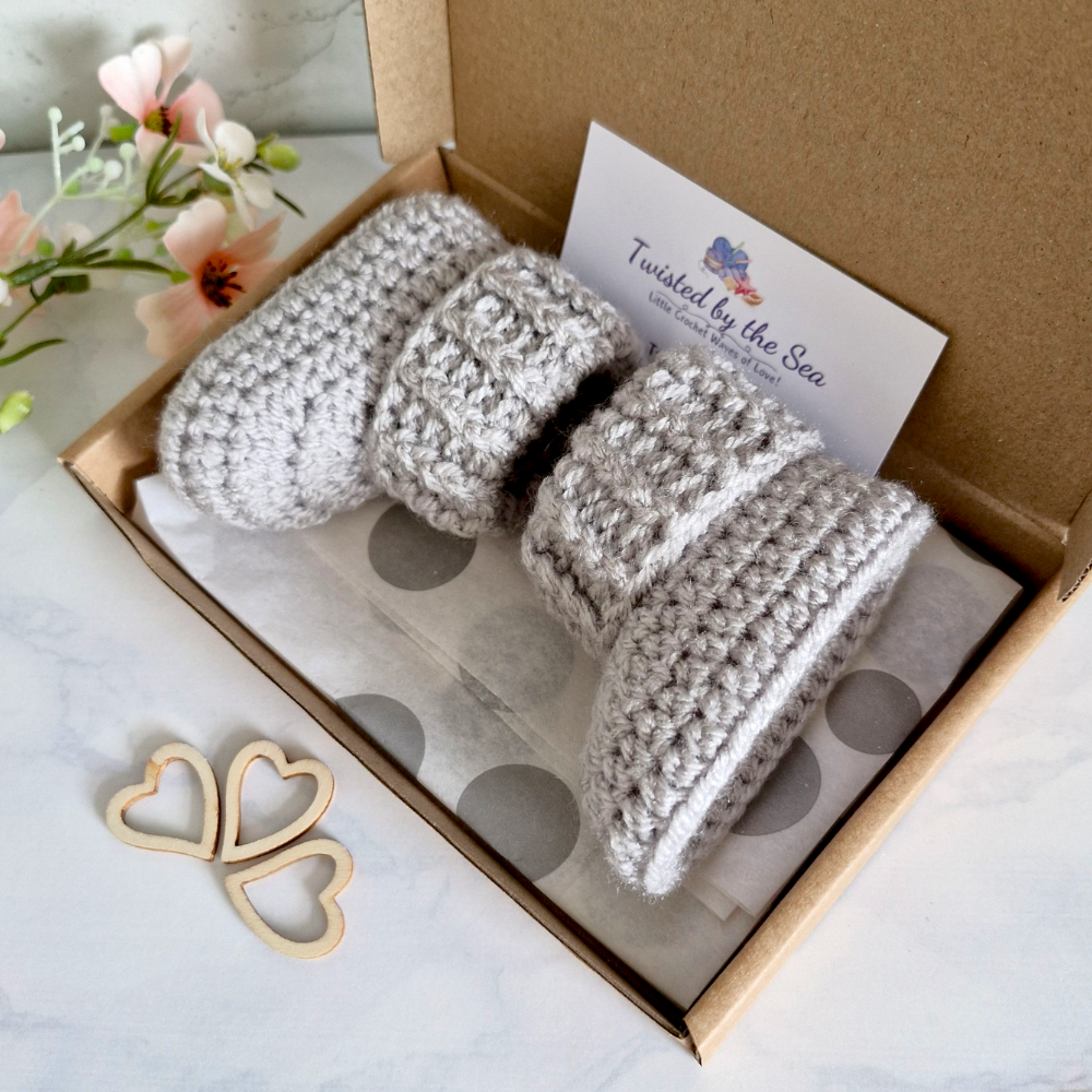 Handmade Baby Booties Crochet With Ridged Cuff – Baby Booties crafted in soft acrylic yarn and available in multiple colours by Twisted by the Sea.