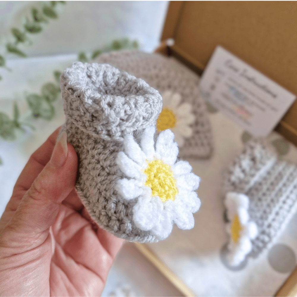 Handmade Crochet Daisy Baby Hat and Booties Set - Twisted by the Sea
