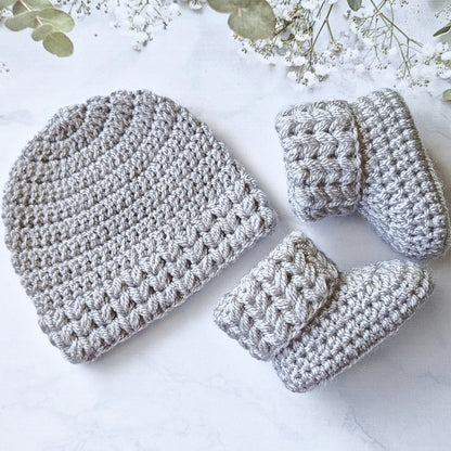 Silver Newborn Crochet Baby Hat & Booties Set Puff Stitch