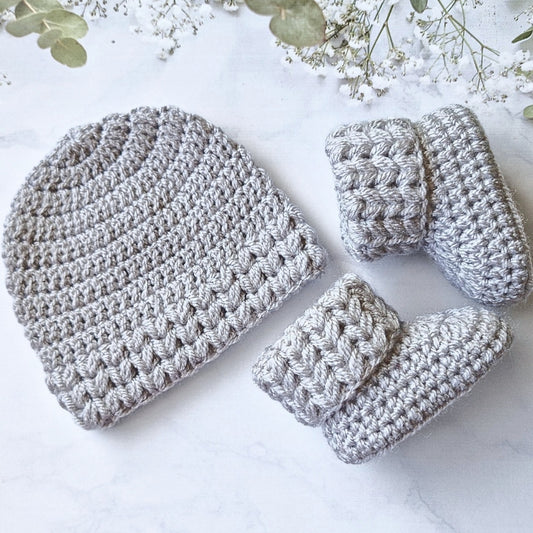 Silver Newborn Crochet Baby Hat & Booties Set Puff Stitch