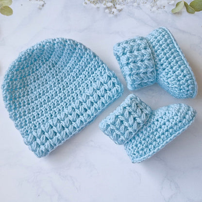 Sky Blue Crochet Baby Gift Set Hat & Booties Puff Stitch - Newborn