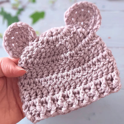 soft handmade crochet baby hat with teddy bear ears in shown in shade mushroom , available n sizes newborn to 6 months
