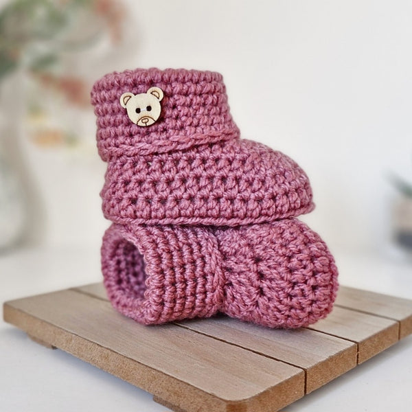 Crochet Baby Booties With Teddy Button, Sizes Newborn to 6 Months