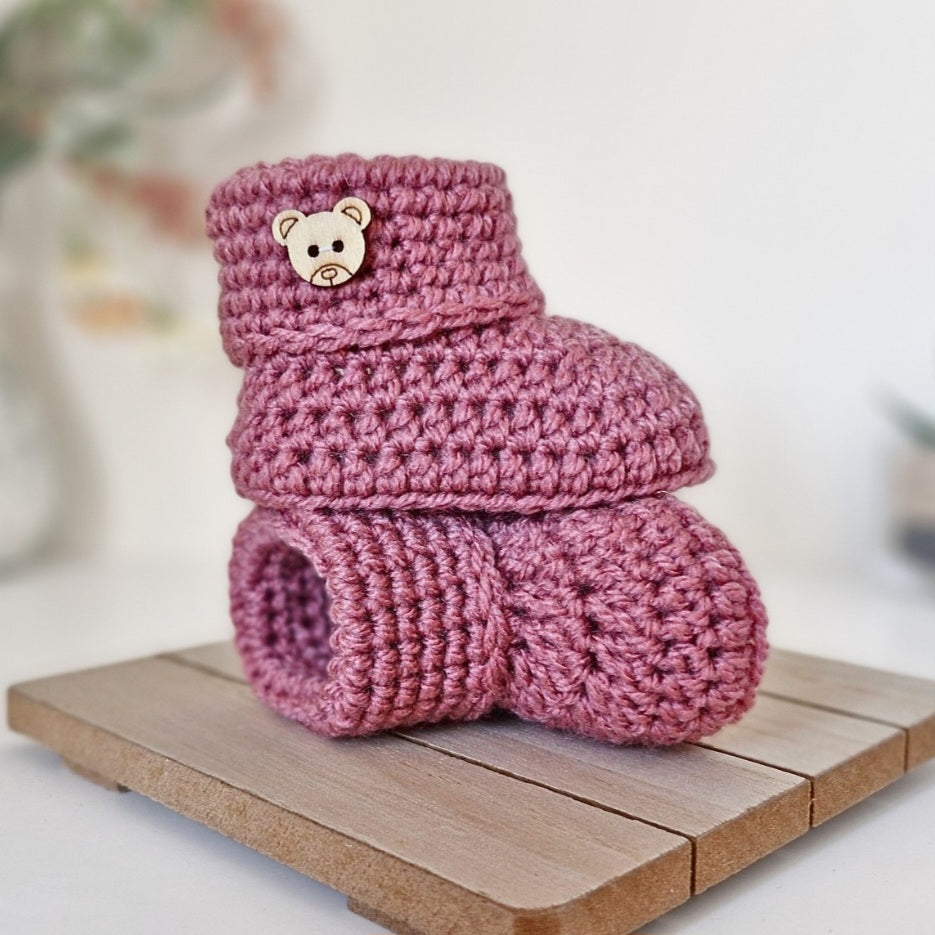 Crochet Baby Booties With Teddy Button, Sizes Newborn to 6 Months