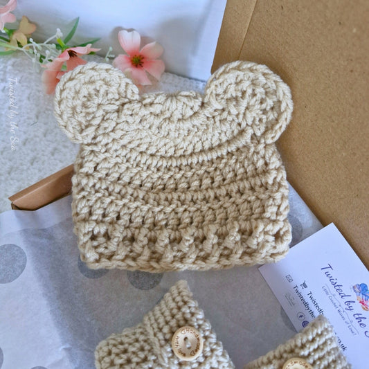 Handmade Crochet Teddy Bear Hat and Bootie Set – Newborn to 6m