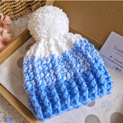 Ombre Crochet Pom Pom Hat in blue and white - Twisted by the Sea