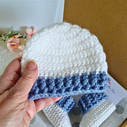 Newborn Baby Gift Set – Blue & White Crochet Hat and Booties - Twisted by the Sea